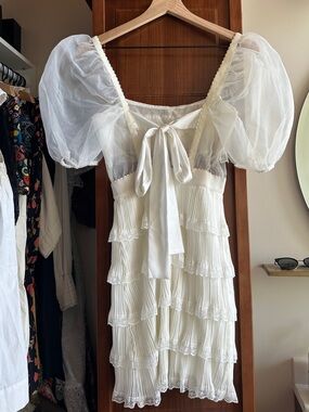 For Love and Lemons Sheer Puff Sleeve Tiered Ruffle Mini Dress in Ivory XS NWT